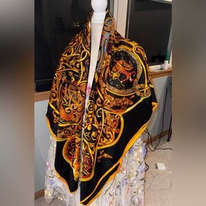 SILK Floral Patterned Scarf with Pink and Yellow Accents